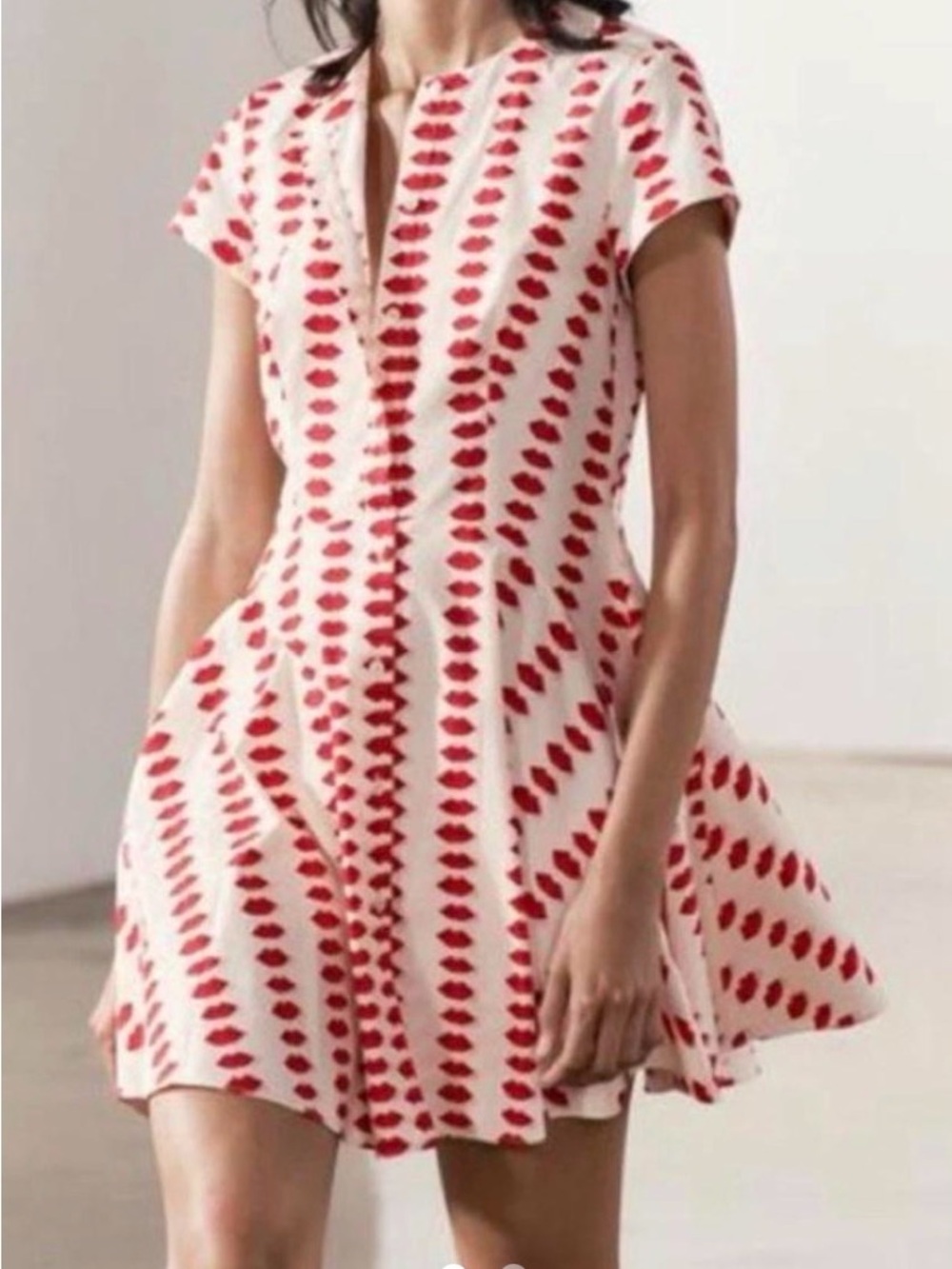 Red & White Lips Printed Short Sleeve Fit-and-Flare Skater Dress